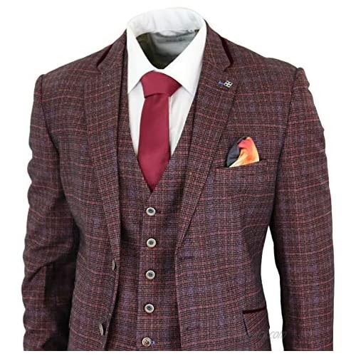 Mens 3 Piece Check Tweed Wine Plum Tailored Fit Suit Classic Vintage Retro