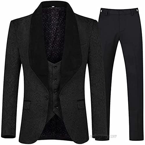 Men's 3 Piece Suit Slim Fit Jacquard Tuxedo One Button Shawl Collar Jacket Vest & Trousers Business Blazer