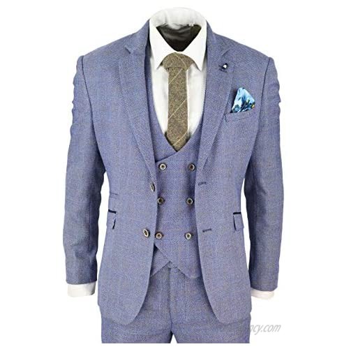 Mens 3 Piece Suit Tan Check Double Breasted Waistcoat Tailored Fit Vintage