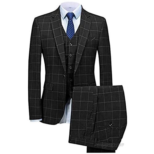 Men's 3 Pieces Plaid Suit Formal Slim Fit Suits One Button Notch Lapel Tuxedos Blazer Groomsmen (Blazer+Vest+Pants)