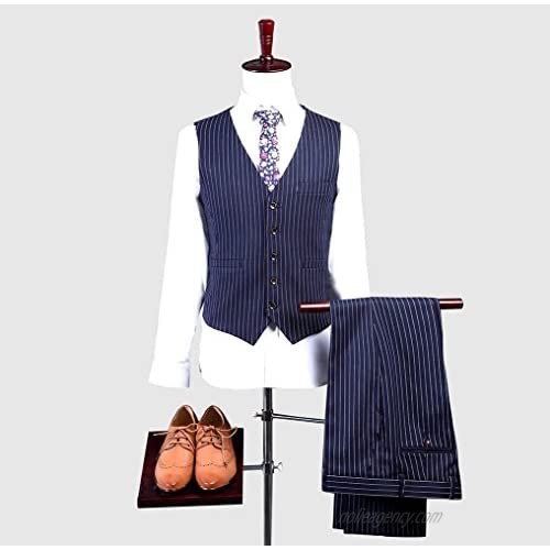 Mens Blue with White Pinstriped Suit 3 Pieces Single Breated Classic-Fit Blazer Waistcoat Vest Pants