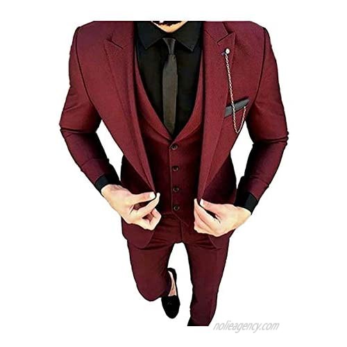 Mens Burgundy Tailored Wedding Peak Lapel Tuxedo Slim Fit Blazer Vest Tapered Pant 3-Pieces Suit