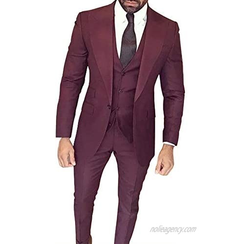 Mens Burgundy Wine Red 3-Pieces Wedding Wide Notch Lapel Tuxedo Groomsmen Slim Fit Blazer Pant Vest Suit