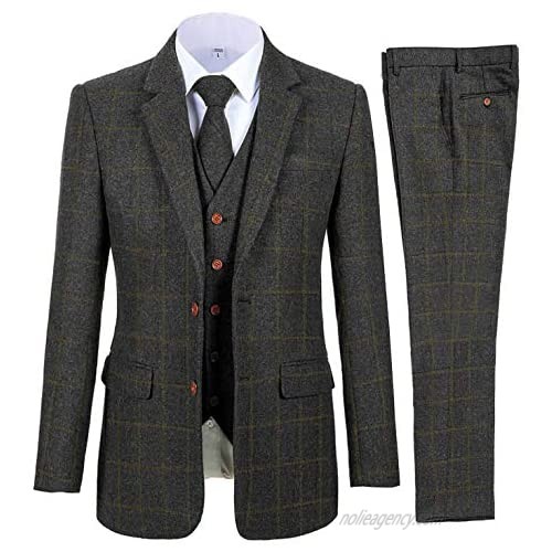 Mens Suit 3 Pieces Regular Fit Tweed Wool Plaid Formal Prom Blazer Sets Vest