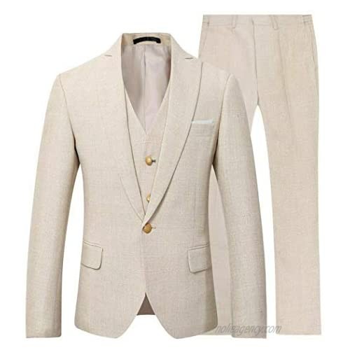 Michealboy Men's Linen Suit 3 Pieces Slim Fit One Button Notched Laple Back Vent Big and Tall Size