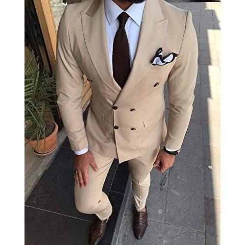 MLAEKT Men's Suit 2-Piece Double Breasted Groom Tuxedos Slim Fit Notch Lapel Tailcoat for Wedding with tie