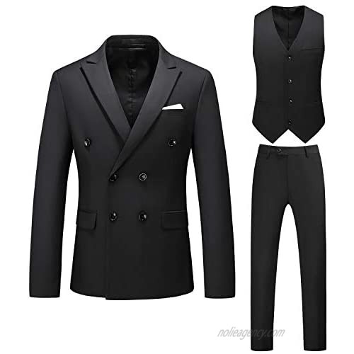 MOGU Mens 3 Piece Double Breasted Suits Slim Fit Notch Lapel Solid Color Prom Tuxedo (Blazer + Pants + Vest)