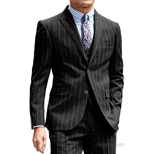 MoranX Fashion Mens Suits Regular Fit 3 Piece TR Wool Wide Stripe Prom Tuxedos Formal Business Blazer+Vest+Pansts