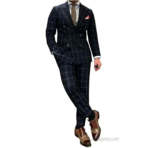 P&G Men's Slim Fit 2 Pieces Checked Suit Double Breasted Tuxedo