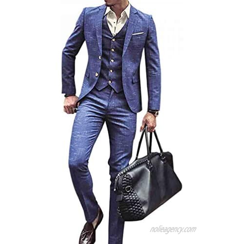UMISS Men's Plaid 3-Piece Suit Two Buttons Business Wedding Party Jacket Vest & Pants