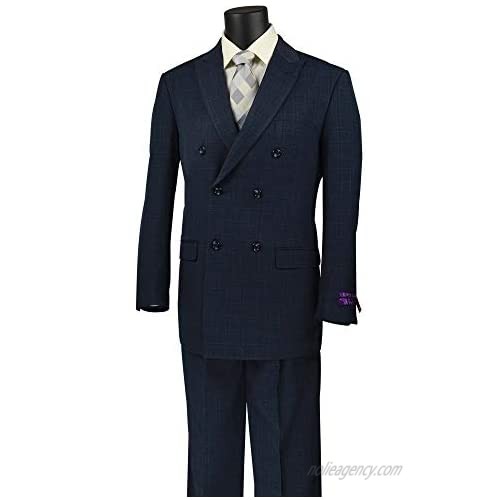 VINCI Men's Windowpane Plaid Double Breasted 6 Button Classic Fit Suit New