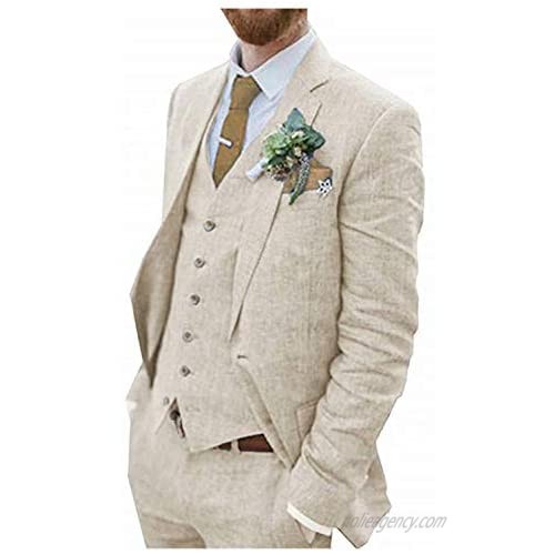 Yulain Mens 3 Pieces Linen Suit Two Buttons Slim Fit Groom Tuxedo for Beach Wedding