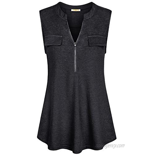 BAIKEA Women's Summer Short Sleeve Zipper Notch V Neck Tunic Tops Plaid Shirts