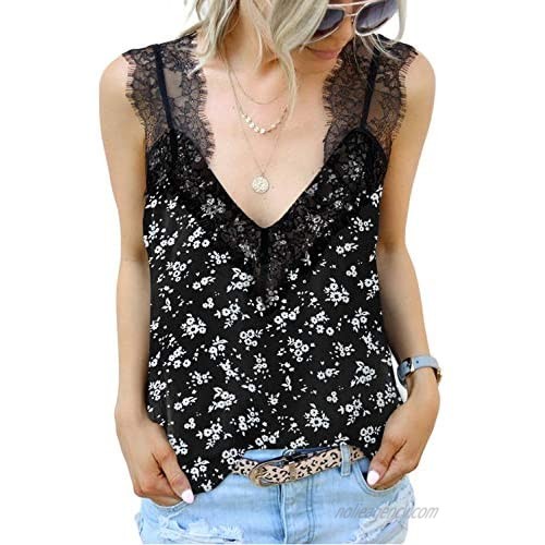 BLENCOT Women Sexy V Neck Floral Lace Strappy Cami Tank Tops Casual Loose Sleeveless Blouse Shirt