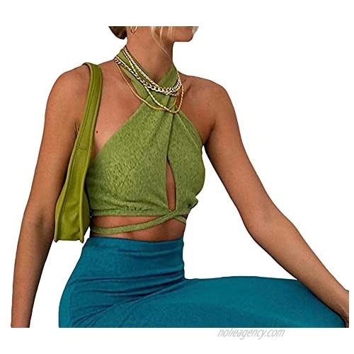 GEMBERA Women's Sexy Bandage Halter Neck Cutout Crop Top Crisscross Strappy Tie Backless Wrap Crop Top Clubwear