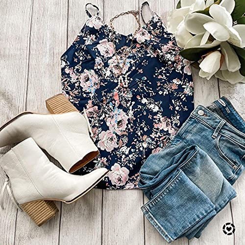 GOORY Womens Casual Summer V Neck Floral Printed Spaghetti Strap Camisole Cami Tank Top Navy Blue Floral S