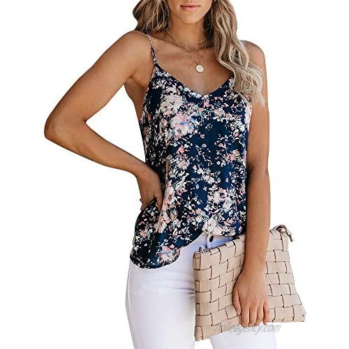 GOORY Womens Casual Summer V Neck Floral Printed Spaghetti Strap Camisole Cami Tank Top  Navy Blue Floral S