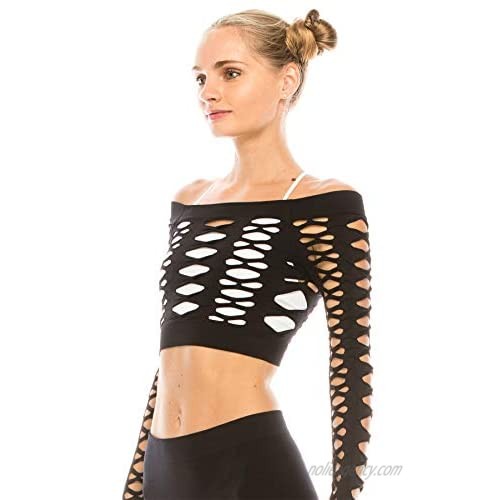 Kurve Women’s Sexy Fishnet Top – Hybrid Cut Out Mesh Long Sleeve Crop Shirt UV Protective Fabric UPF 50+ (Made in USA)