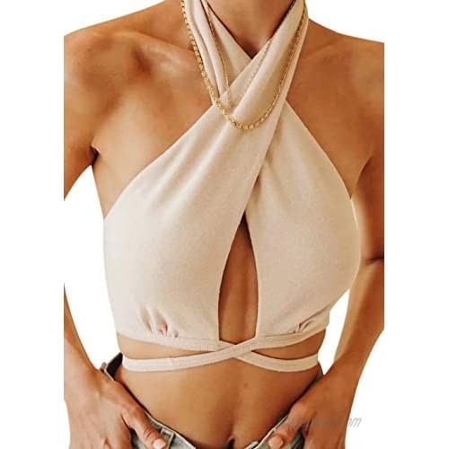 Meladyan Women Sexy Bandage Halter Cross Wrap Crop Tops Solid Cut Out Sleeveless Slim Club Crop Tank Tops Streetwear