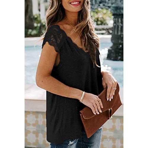 Mosucoirl Women V Neck Lace Tank Tops Loose Fit Sleeveless Camisoles Casual Summer Shirts Crochet Trim Blouses