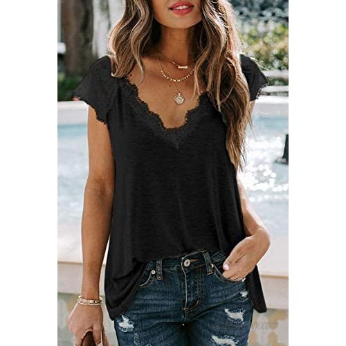 Mosucoirl Women V Neck Lace Tank Tops Loose Fit Sleeveless Camisoles Casual Summer Shirts Crochet Trim Blouses