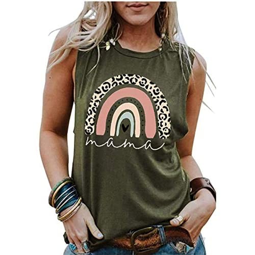Rainbow Mama Tank Tops for Women Funny Letter Print Sleeveless Vest Tees Mother's Day Shirts Gift