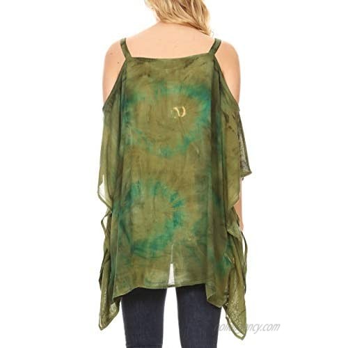 Sakkas Lucia Women's Tie Dye Embroidered Cold Shoulder Loose Tunic Blouse Top Tank