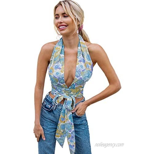 SheIn Women's Floral Sleeveless Halter Top Floral Plunging Neck Tie Backless Tanks
