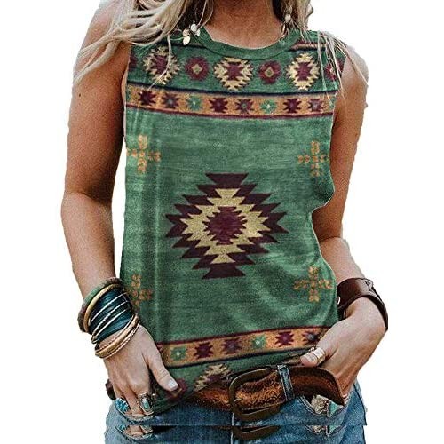 Western Aztec Ethnic Print Tank Tops for Women Summer Sleeveless Tops Western Aztec Casual Crewneck Loose Blouse