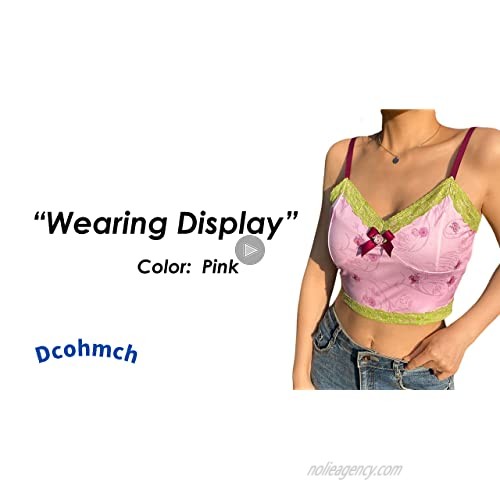 Women Y2K Cropped Tank Tops Sexy V Neck Spaghetti Strap Crop Top Lace Cami Shirt Sleeveless Patchwork Camisole