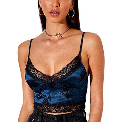 Women Y2K Cropped Tank Tops Sexy V Neck Spaghetti Strap Crop Top Lace Cami Shirt Sleeveless Patchwork Camisole