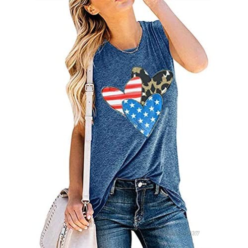 Womens Leopard American Flag Heart Print Tank Top Patriotic Shirt July 4th Independence Day Sleeveless Vest Graphic Tee Tops