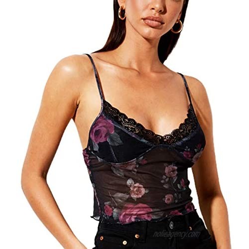 Womens Sexy Lace Bustier Crop Top Straps Corset Cami Tank Top Y2K Sleeveless Mesh Slim Shirt Camisole Cami Top Clubwear
