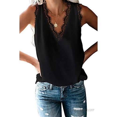 Women's V Neck Lace Tank Tops Casual Loose Summer Sleeveless Cami Tops Blouses Shirts