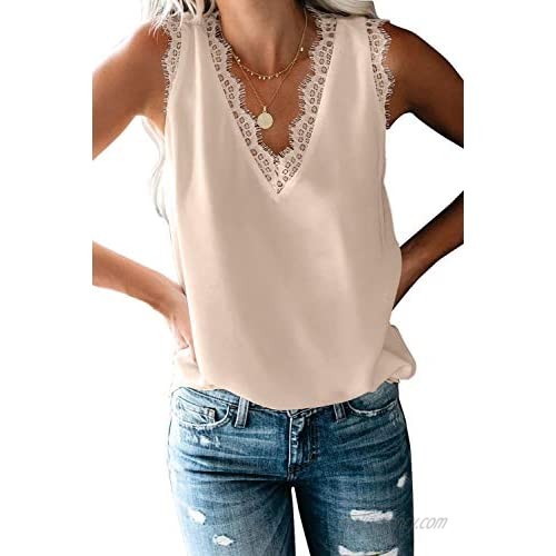 Women's V Neck Lace Trim Tank Tops Casual Loose Sleeveless Blouse Shirts