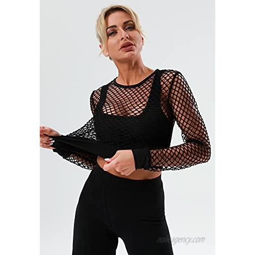 AESCONDO Super Cute 80s Goth Fishnet Crop Tops for Women Sexy Long Sleeve Thick Mesh Novelty Cosplay T-Shirt Plus Size