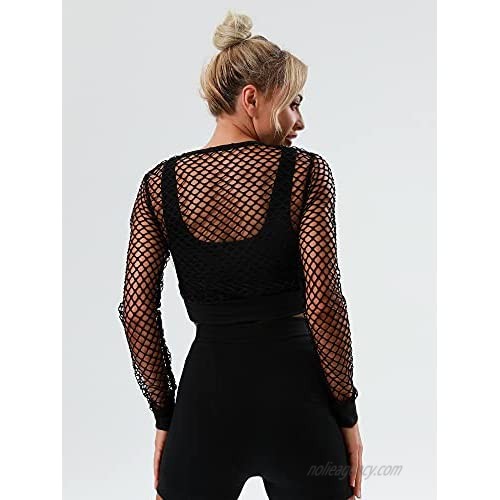 AESCONDO Super Cute 80s Goth Fishnet Crop Tops for Women Sexy Long Sleeve Thick Mesh Novelty Cosplay T-Shirt Plus Size