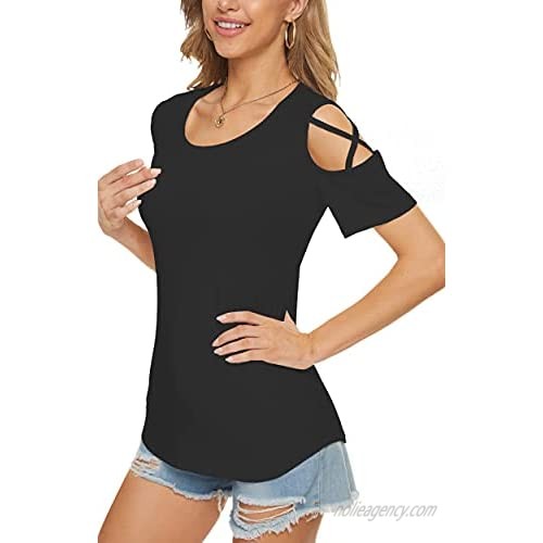 Ahacool Womens Crewneck Short Sleeve Tops Summer Cold Shoulder T-Shirt for Women