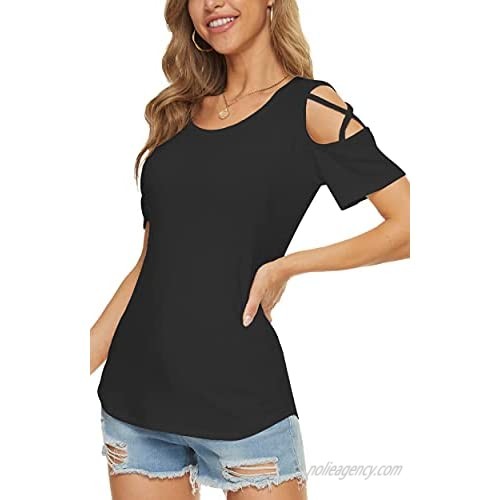 Ahacool Womens Crewneck Short Sleeve Tops Summer Cold Shoulder T-Shirt for Women