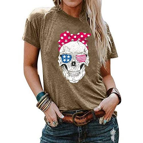 American Flag T Shirt Women Patriotic Shirt USA Flag Skull Graphic Tee Tops Summer 4th of July Tops