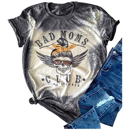 Bad Moms Club Bleached T Shirts for Women Funny Leopard Mom Skull Graphic Distressed Tee Shirts Mama Life Vacation Tops