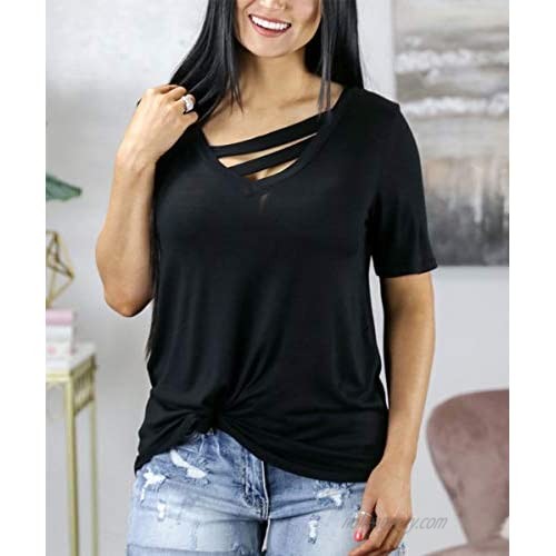 COCAOA Women Short Sleeve Tops V-Neck Criss Cross Tunic Tops Casual Loose Fit T-Shirt