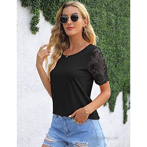 Diosun Women's Lace Short Sleeve T Shirts Round Neck Casual Summer Tee Tops