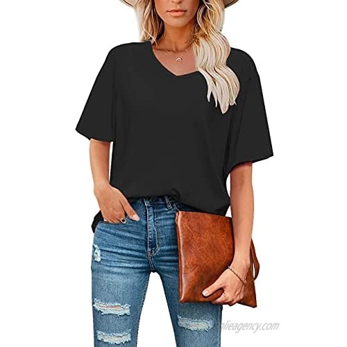 Ebifin Women's Oversized V Neck T Shirts Summer Short Sleeve Basic Tees Casual Loose Fit Cotton Tops