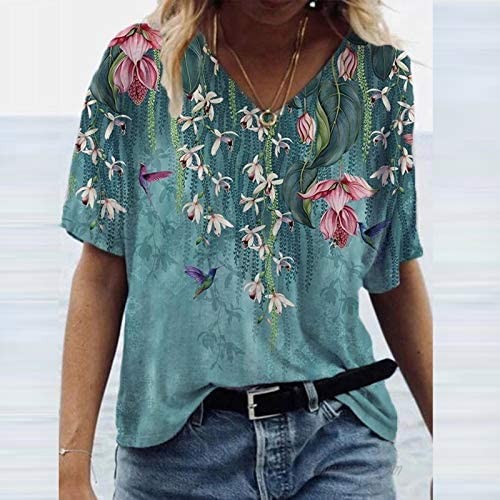 fartey Womens Shirts Summer V-Neck Short Sleeve T-Shirts Casual World Map Print Tops Loose Comfy Pullover