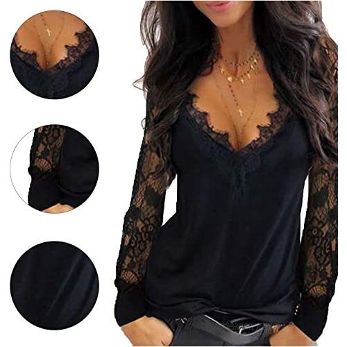GIBLY Women's long sleeve top lace casual loose shirt V-neck lace T-shirt