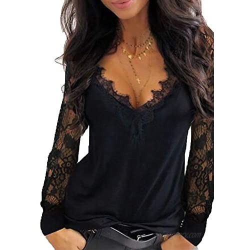 GIBLY Women's long sleeve top lace casual loose shirt V-neck lace T-shirt