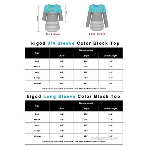 kigod Womens Casual 3/4 Sleeve Color Block T-Shirt Blouses Back Lace Striped Tops Tee Shirts