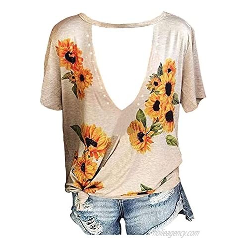 kkboy Women Sunflower Graphic Shirt Sexy V-Neck Bandage Strappy T-Shirt Summer Vacation Beach Loose Fit Short Sleeve Tee