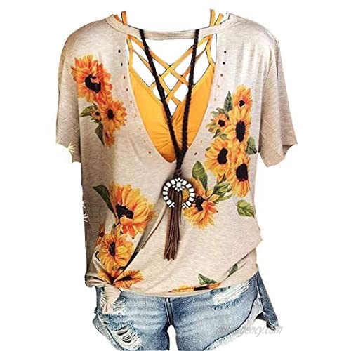 kkboy Women Sunflower Graphic Shirt Sexy V-Neck Bandage Strappy T-Shirt Summer Vacation Beach Loose Fit Short Sleeve Tee